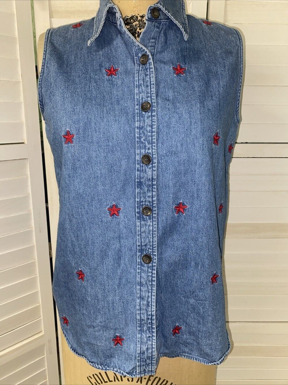 80s 90s MARSH LANDING Blues Denim 100% Cotton Sleeveless Shirt Blouse Medium